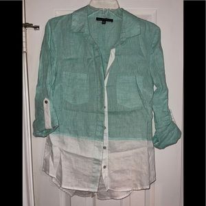 Saks Fifth Avenue linen shirt, XS, aqua & white